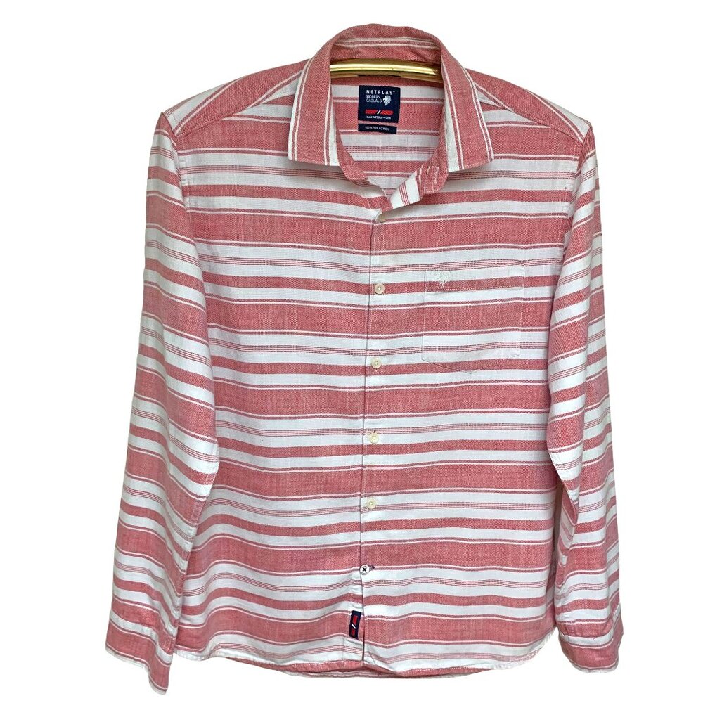 Netplay Modern Casual Red White Button Down Long Sleeve‎ Sport Fit Shirt